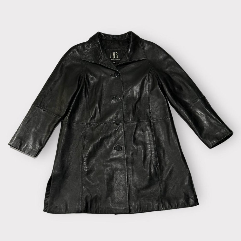 Vintage 1990s black genuine leather oversized jacket with buttons